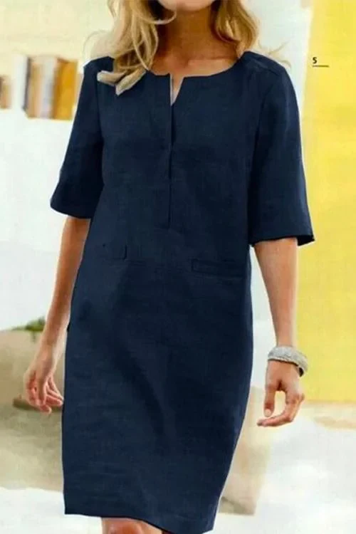 Heidi-Mode | Gerade Kleid mit Kurzen Ärmeln Aus Baumwolle und Leinen - Image 5