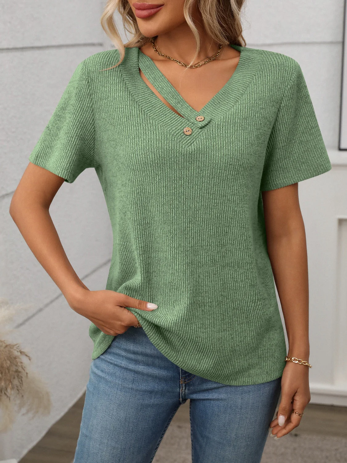 Heidi-Mode | Geripptes V-Ausschnitt Kurzarm T-Shirt - Image 13