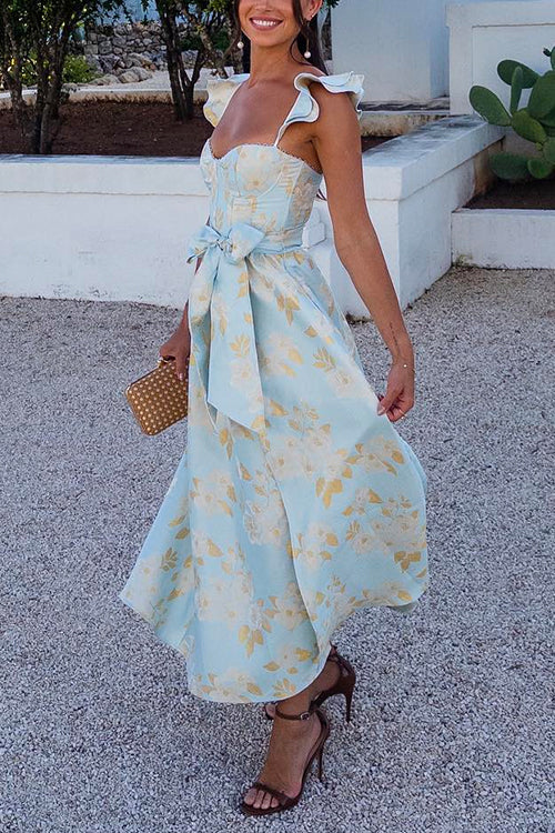 Heidi-Mode | Rosiedress Rüschenschulter Schleife Knoten Taille Schlitz Bedrucktes Vintage Party Kleid