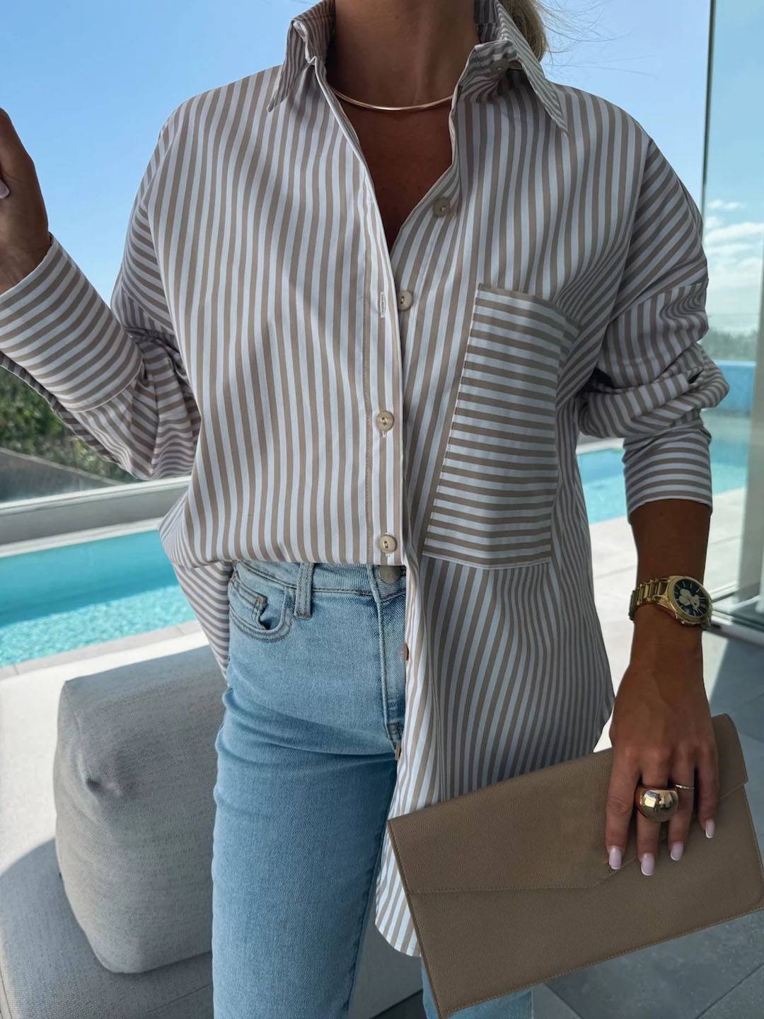 Heidi-Mode | Gestreifte Bluse Button-Up Shirt Kragen Lange Ärmel Frauen Elegant Maßgeschneidert Freizeit Übergrößen - Image 5