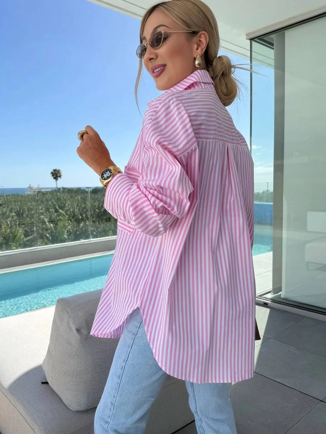 Heidi-Mode | Gestreifte Bluse Button-Up Shirt Kragen Lange Ärmel Frauen Elegant Maßgeschneidert Freizeit Übergrößen - Image 9