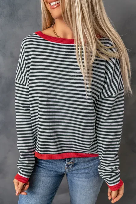 Heidi-Mode | Gestreiftes Rundhals-Tropfschulter-T-Shirt - Image 10