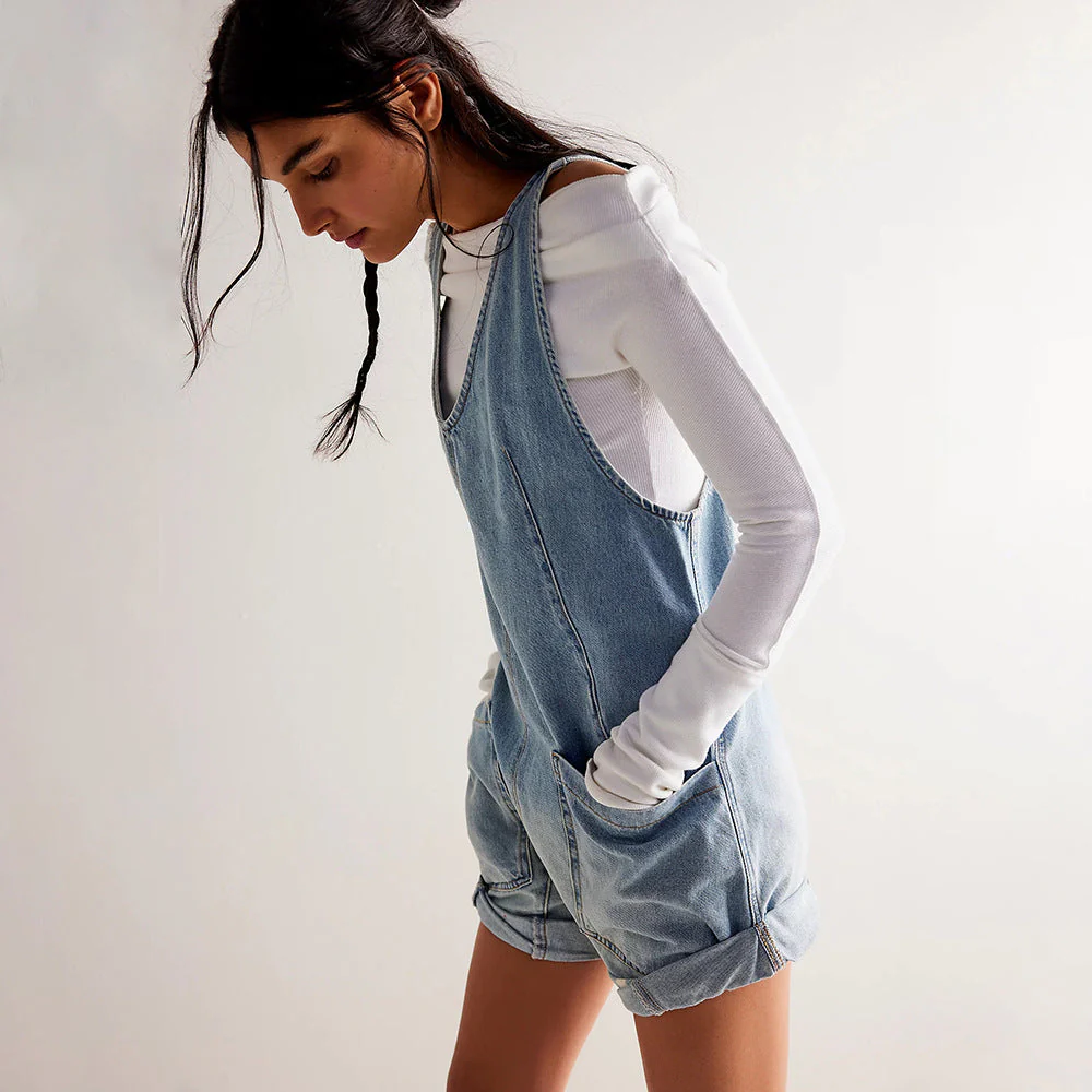 Heidi-Mode | Gewaschene Denim Adjustable Strap Shorts Jumpsuit