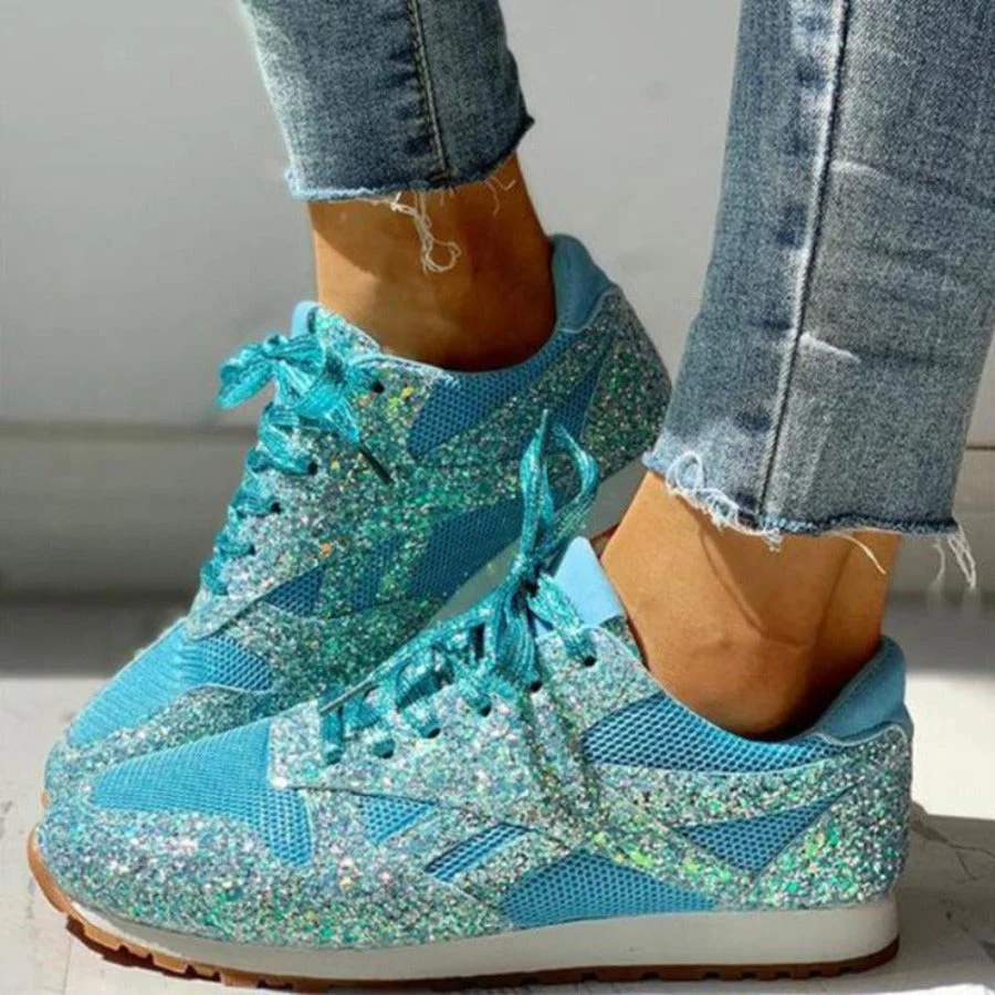 Heidi-Mode | Glitzer Mesh Schnürung Plattform Komfort Vulkanisierte Sneakers - Image 5