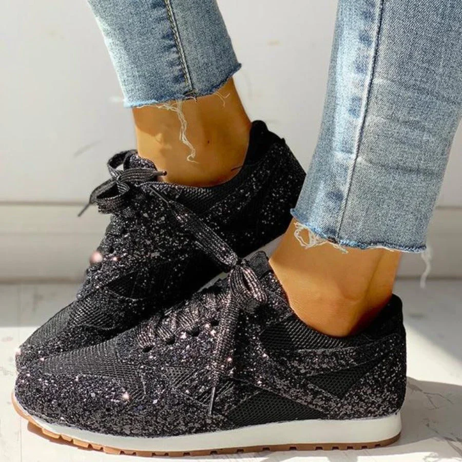Heidi-Mode | Glitzer Mesh Schnürung Plattform Komfort Vulkanisierte Sneakers - Image 8