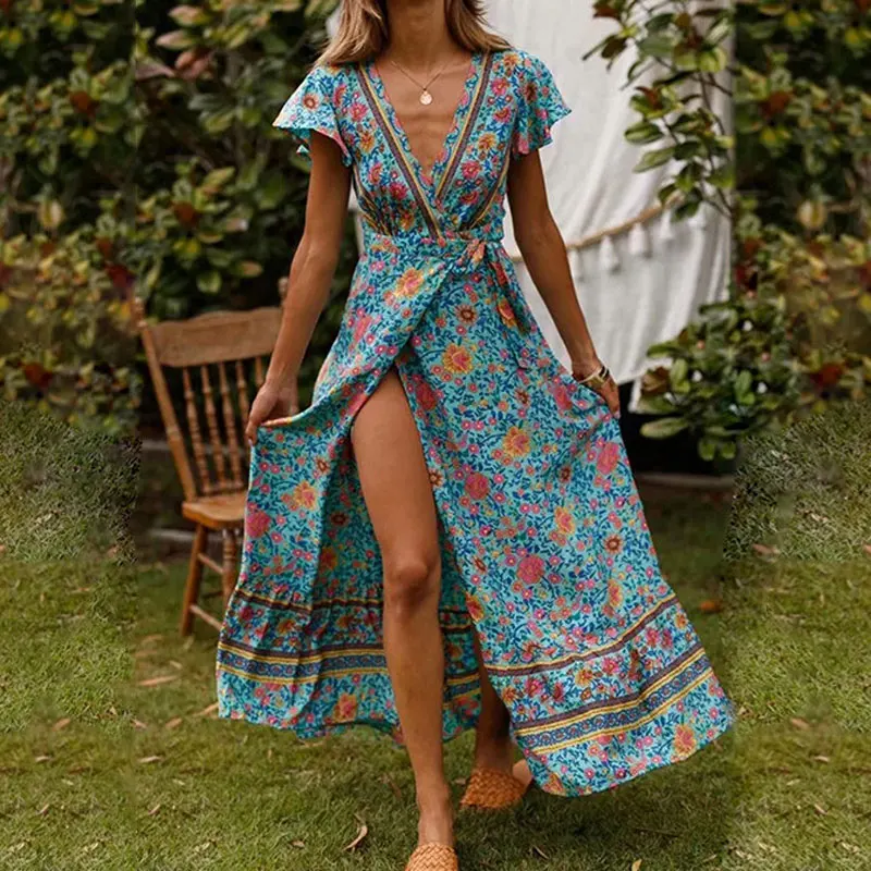 Heidi-Mode | Elegantes V-Ausschnitt Wickel Maxi Kleid