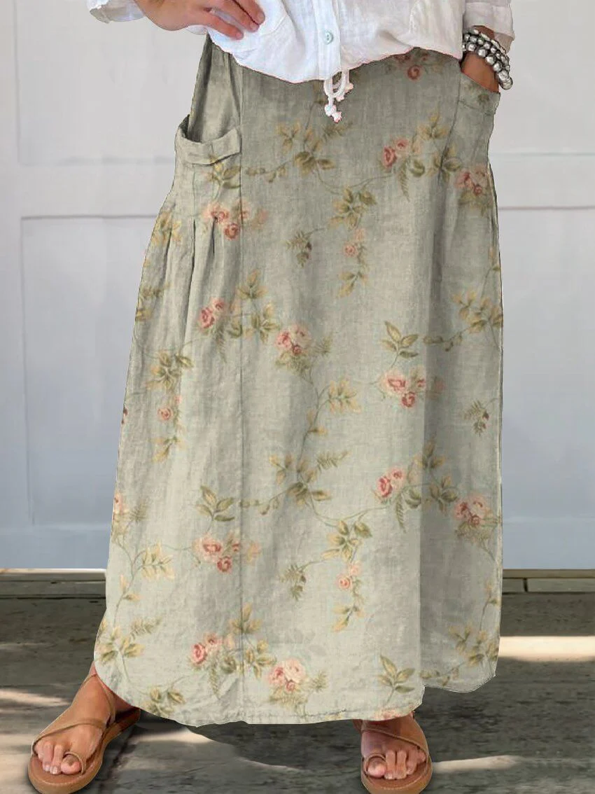 Heidi-Mode | Grüner Blumenmuster Damen Leinen Elastischer Bund Taschenrock