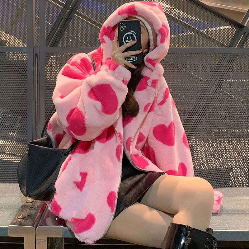 Heidi-Mode | Harajuku Bär Teddy Druck Plüsch Jacke Flauschige Kapuze Oberbekleidung - Image 3