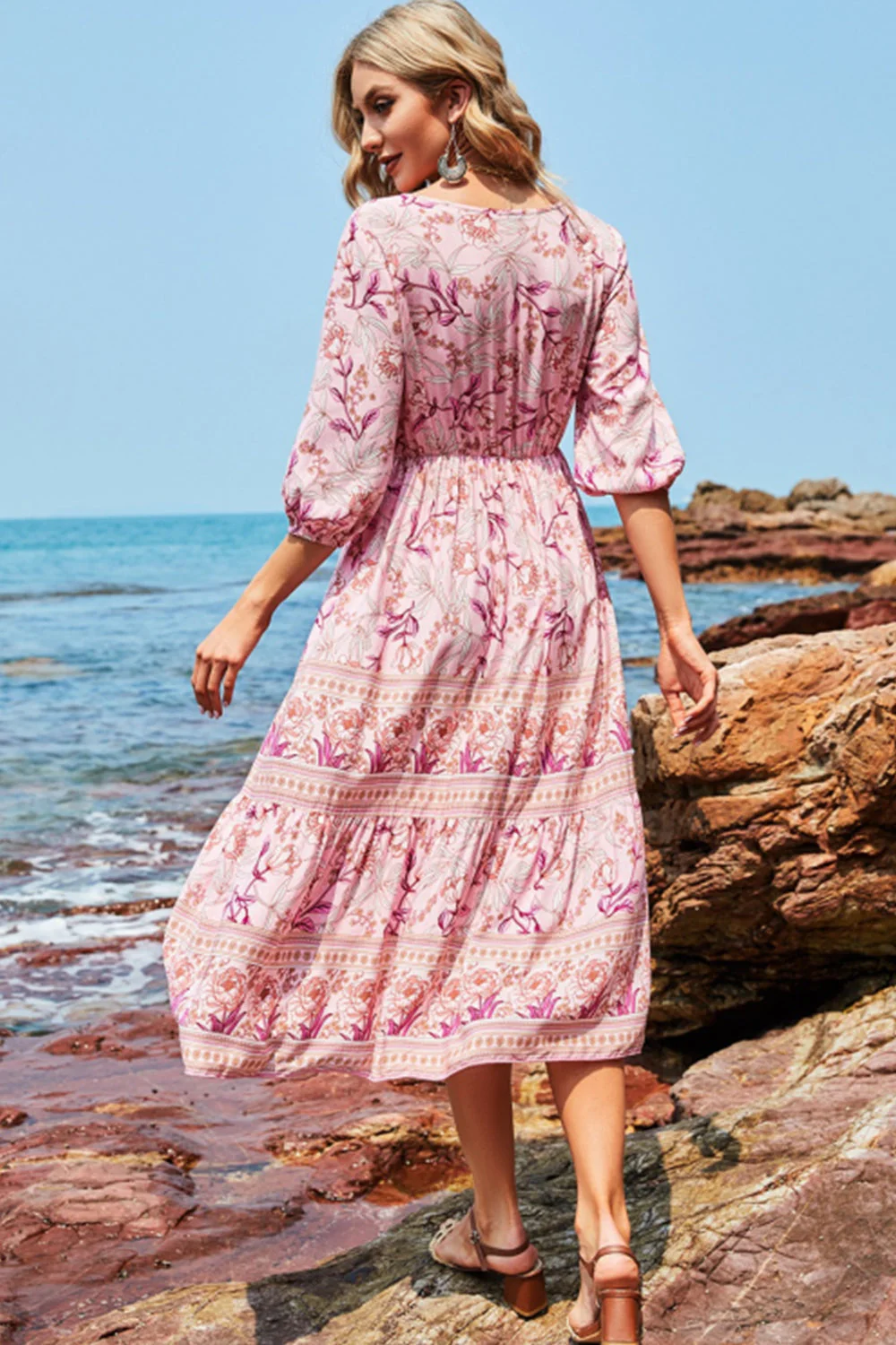 Heidi-Mode | Hohe Taille V-Ausschnitt Boho Strandkleid - Image 2