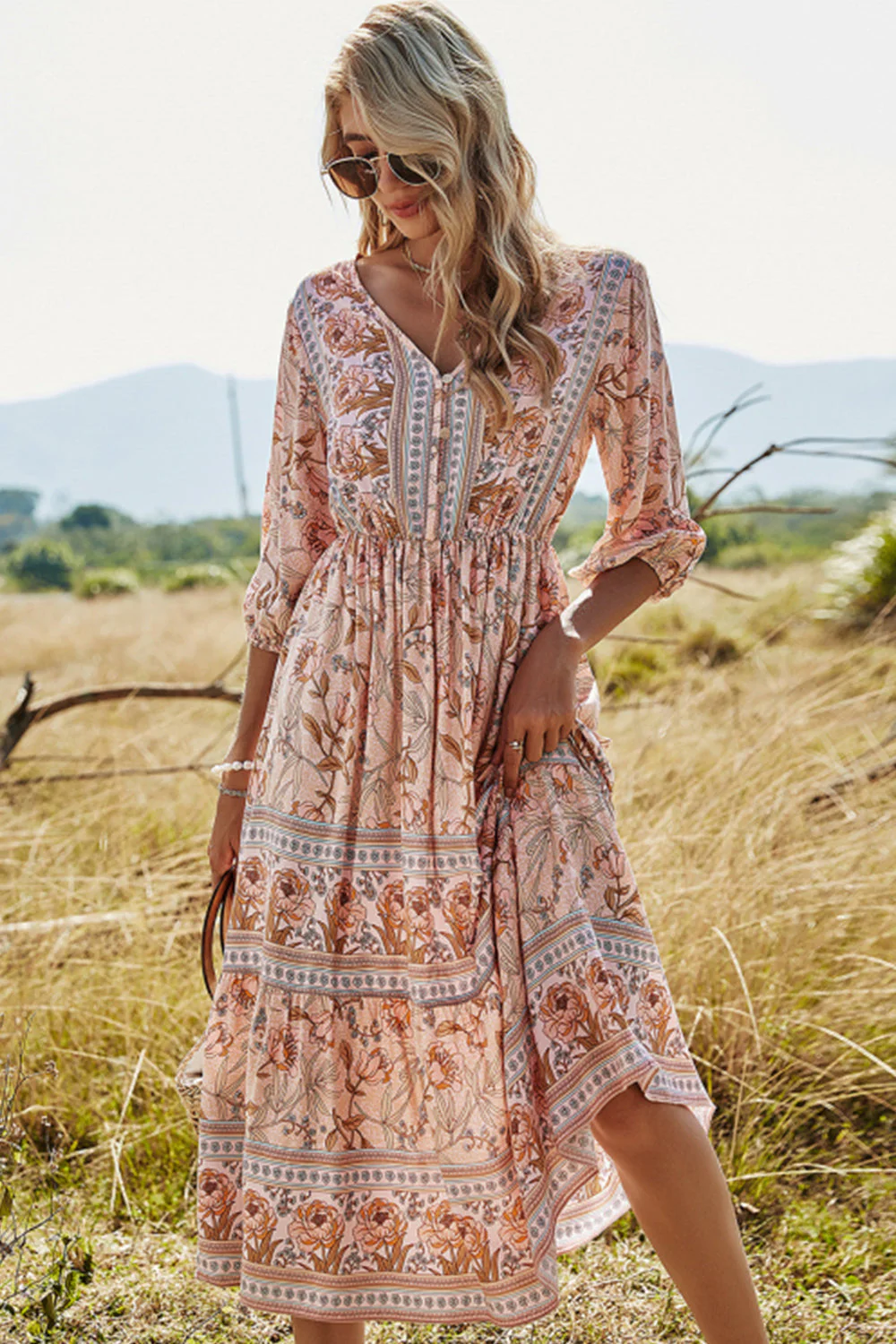 Heidi-Mode | Hohe Taille V-Ausschnitt Boho Strandkleid - Image 3