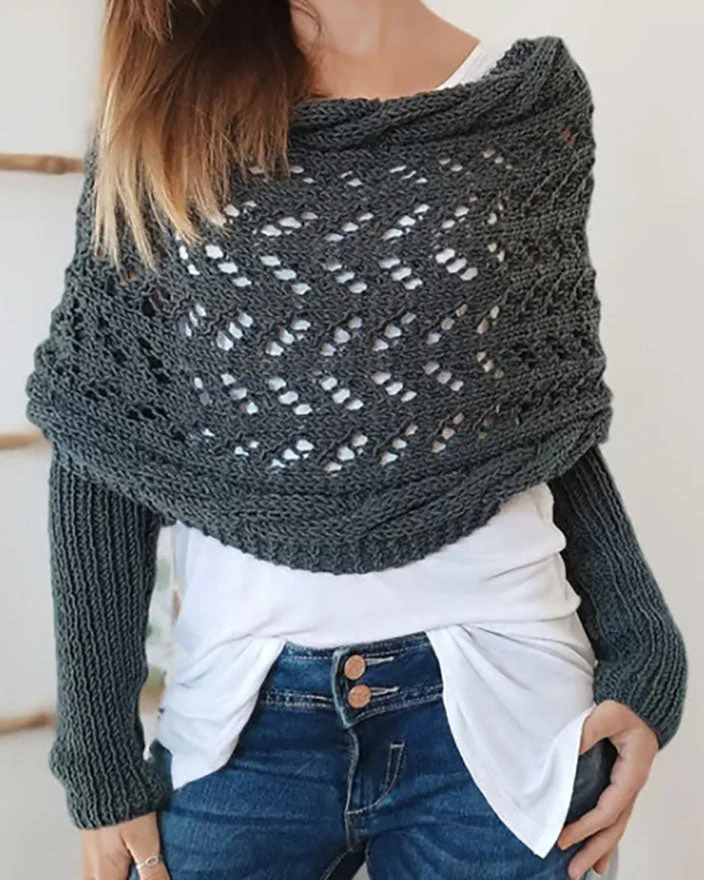 Heidi-Mode | Hohl Langarm Gestrickter Schal Pullover - Image 3
