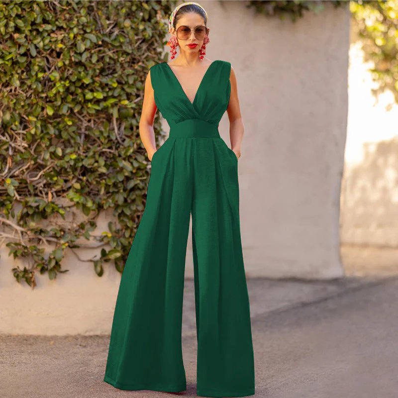 Heidi-Mode | Jumpsuit Hohe Taille Ärmellos Tiefer V-Ausschnitt Weite Beinform Elegante Passform - Image 3