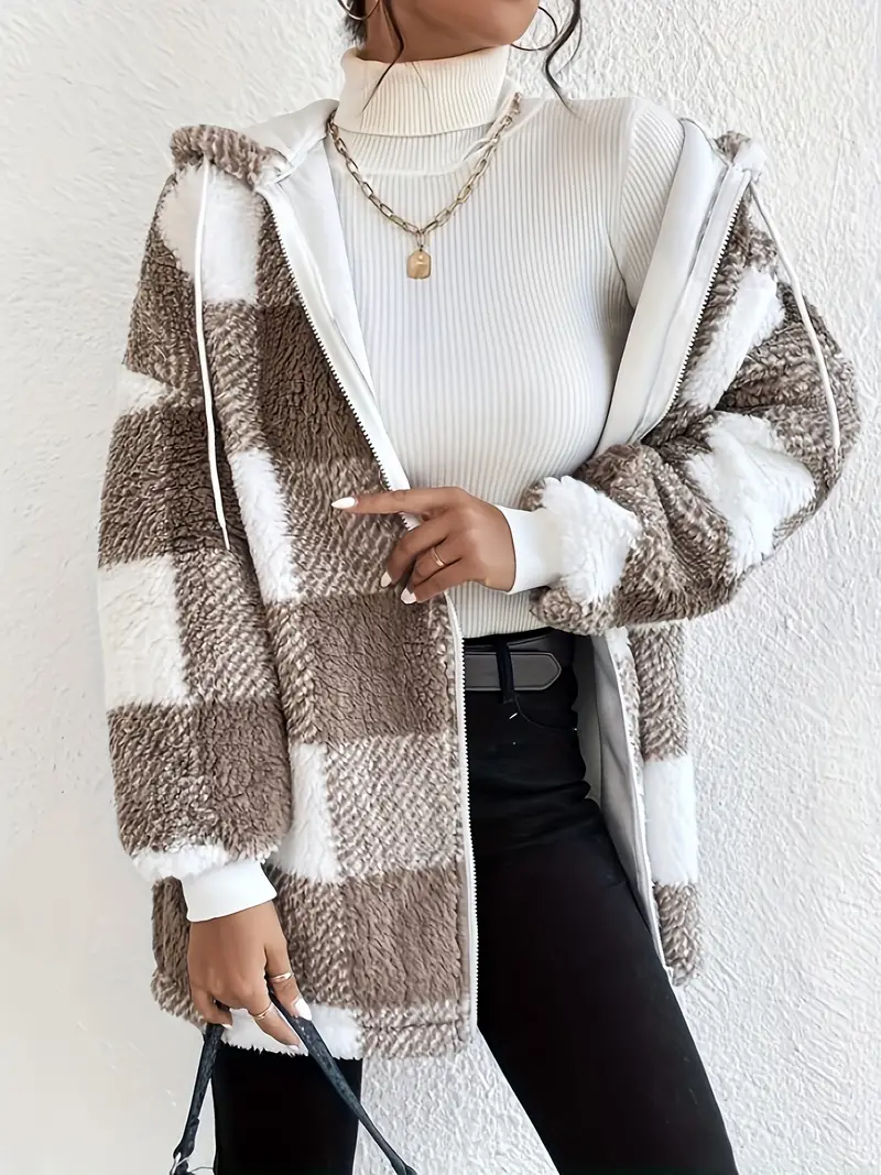 Heidi-Mode | Kariert Teddy Hoodie Jacke Warm und Bequem für Den Winter - Image 3