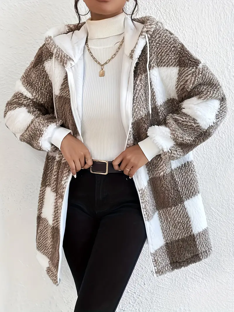 Heidi-Mode | Kariert Teddy Hoodie Jacke Warm und Bequem für Den Winter - Image 5