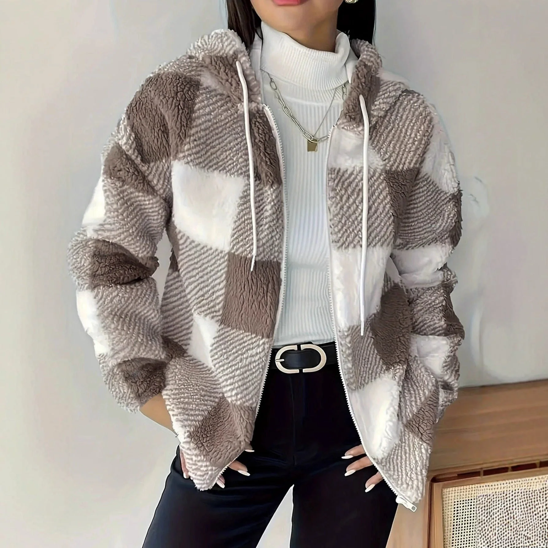 Heidi-Mode | Kariert Teddy Hoodie Jacke Warm und Bequem für Den Winter - Image 8