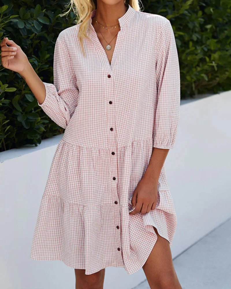 Heidi-Mode | Kariertes A-Linien-Kleid mit Knopfleiste für Damen Ähnelt Einem Hemdblusenkleid - Image 4