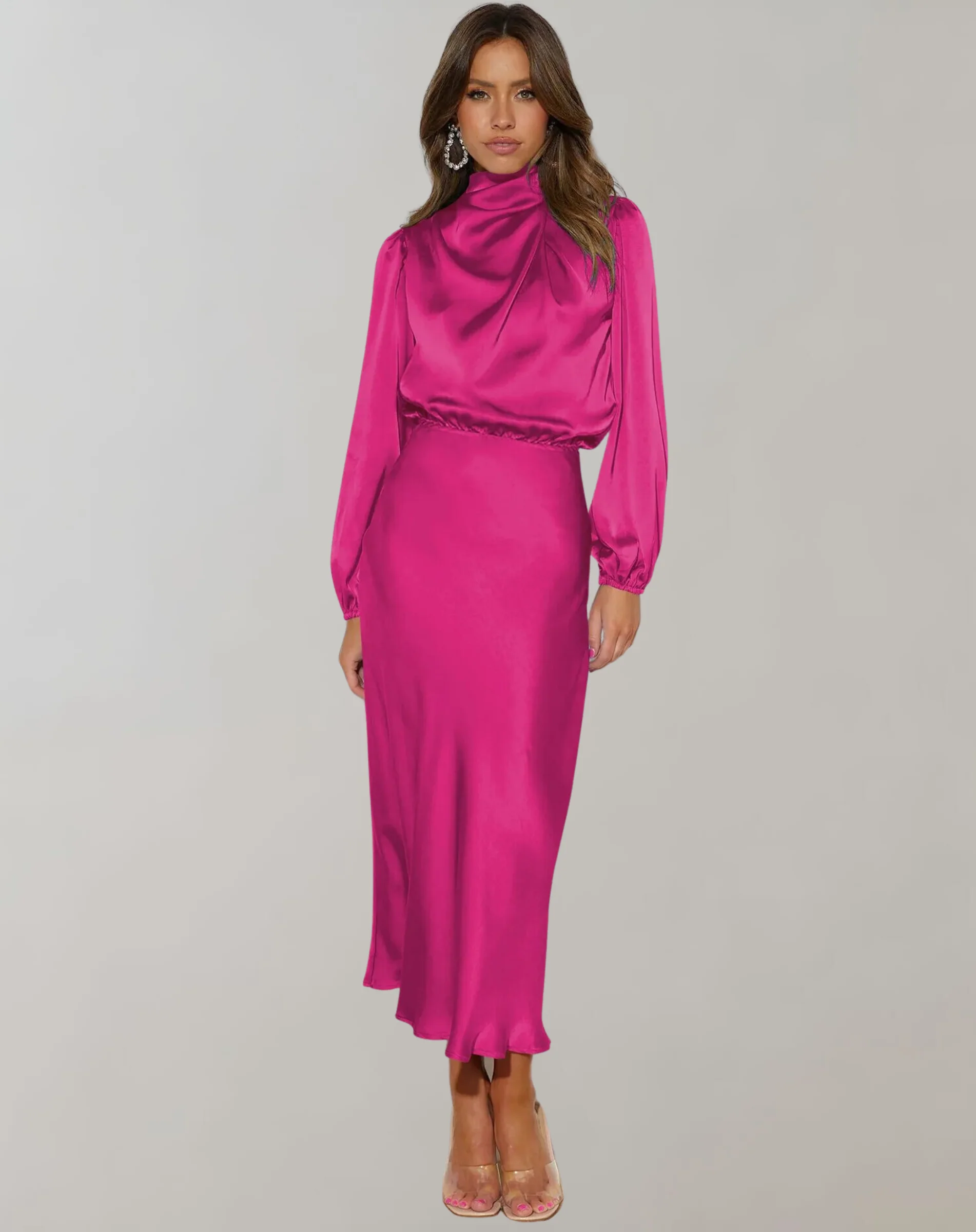 Heidi-Mode | Klassisches Satin Kleid mit Hohem Kragen und Langen Ärmeln für Frauen - Image 5