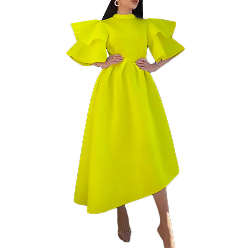 Heidi-Mode | Kleid mit Lotusblattärmeln und Einfarbigem Weitem Schnitt