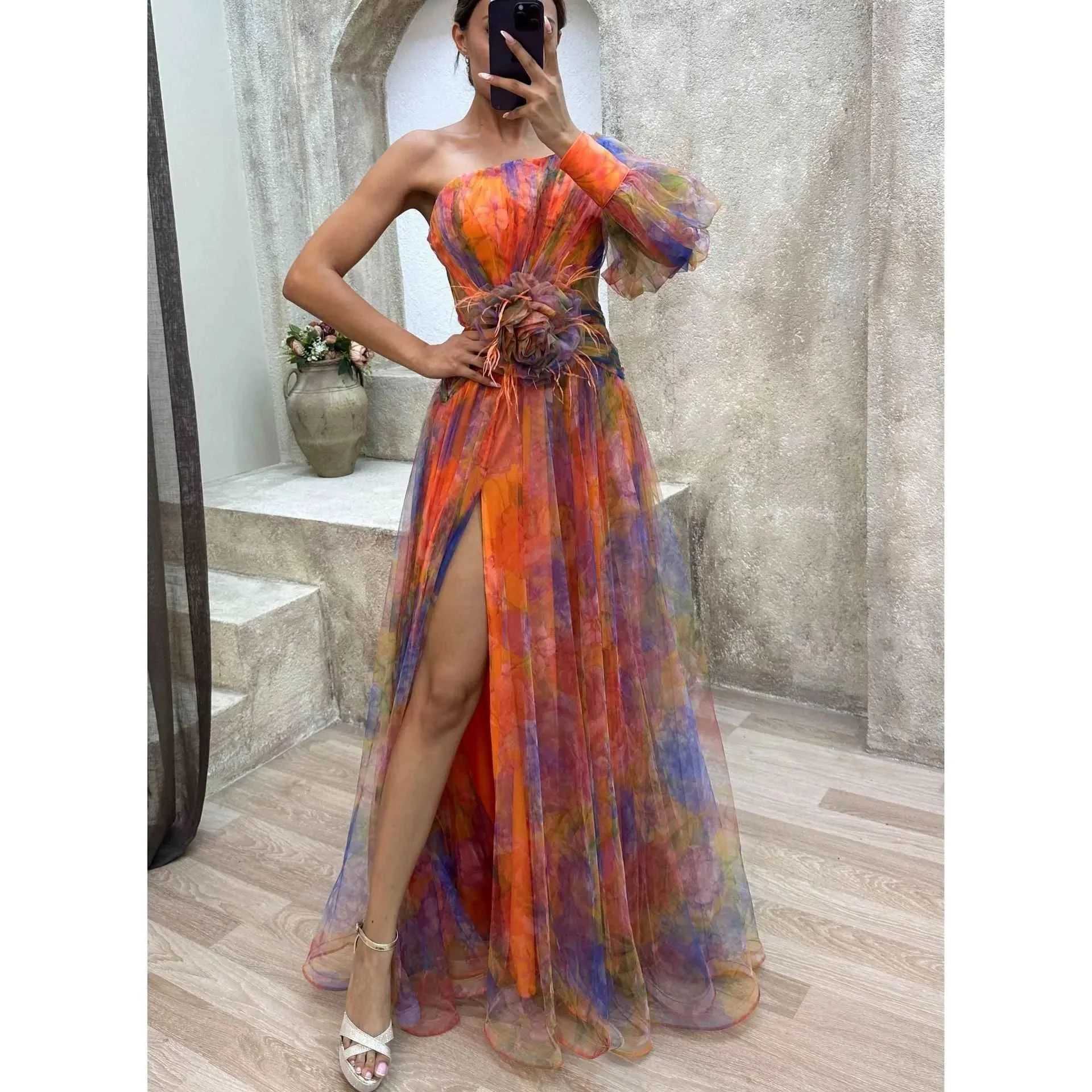 Heidi-Mode | Long Party Dress With Off-The-Shoulder, Split Print. - Image 3