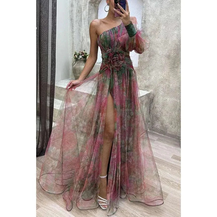 Heidi-Mode | Long Party Dress With Off-The-Shoulder, Split Print. - Image 5
