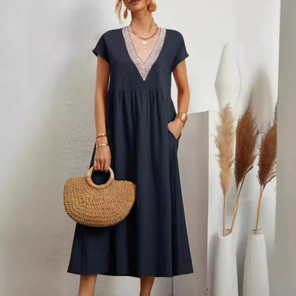 Heidi-Mode | Kleid mit V-Ausschnitt und Spitzensaum Aus Baumwolle und Leinen In Unifarbe - Image 14