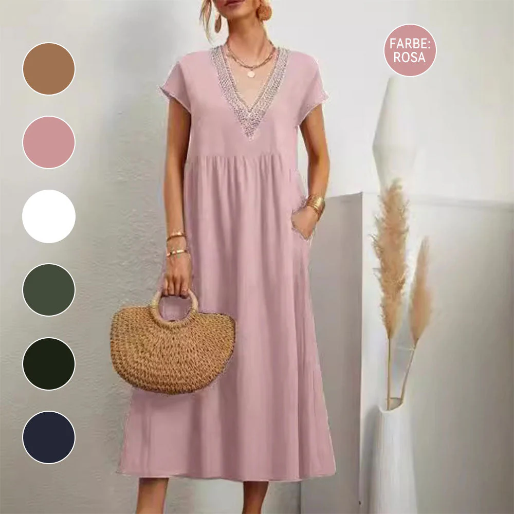 Heidi-Mode | Kleid mit V-Ausschnitt und Spitzensaum Aus Baumwolle und Leinen In Unifarbe - Image 2