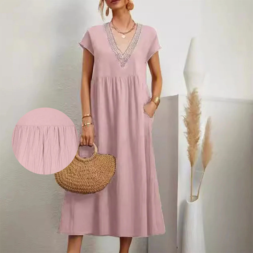 Heidi-Mode | Kleid mit V-Ausschnitt und Spitzensaum Aus Baumwolle und Leinen In Unifarbe - Image 3