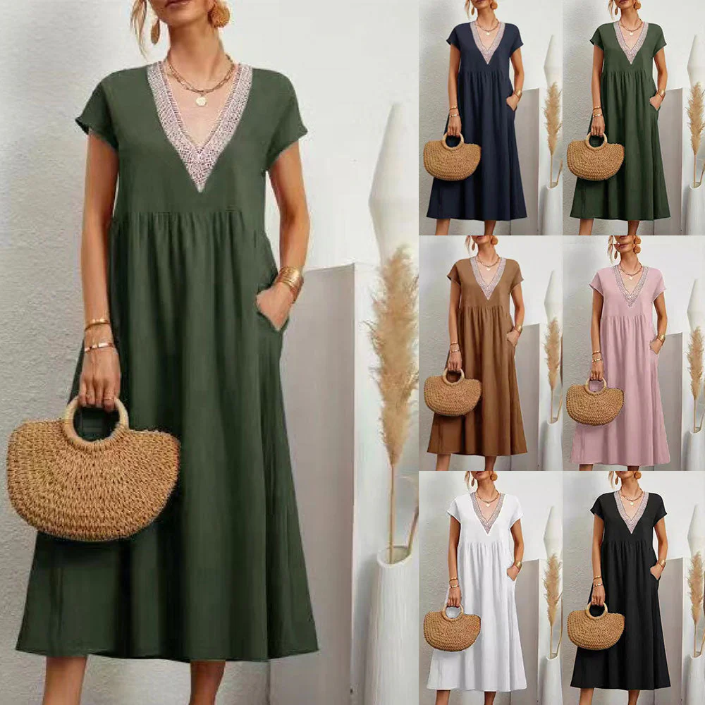 Heidi-Mode | Kleid mit V-Ausschnitt und Spitzensaum Aus Baumwolle und Leinen In Unifarbe - Image 4