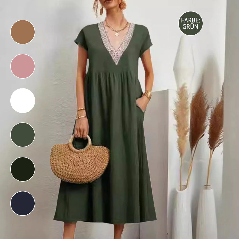 Heidi-Mode | Kleid mit V-Ausschnitt und Spitzensaum Aus Baumwolle und Leinen In Unifarbe - Image 5