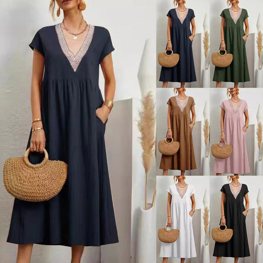 Heidi-Mode | Kleid mit V-Ausschnitt und Spitzensaum Aus Baumwolle und Leinen In Unifarbe - Image 6