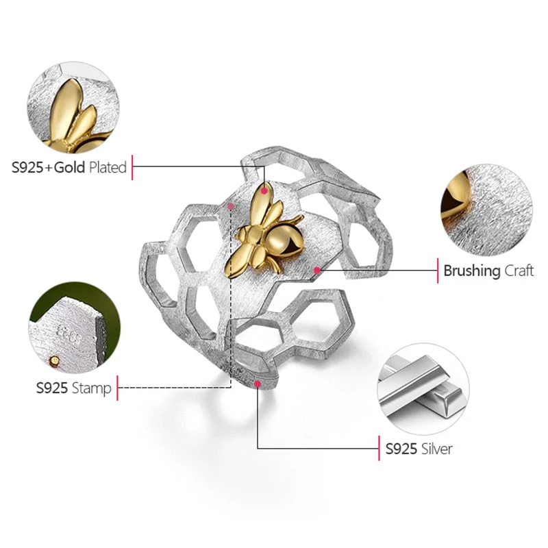 Heidi-Mode | Kleine Biene 18K Vergoldete Waben Offene Ringe - Image 3
