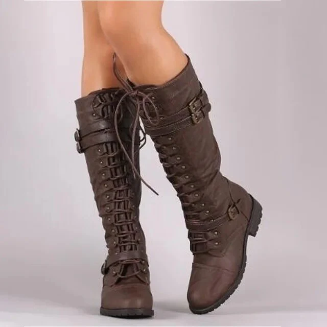 Heidi-Mode | Knielange Stiefel Schnürung Vorne Schnallen Detail Lederlook Robuste Sohle - Image 2
