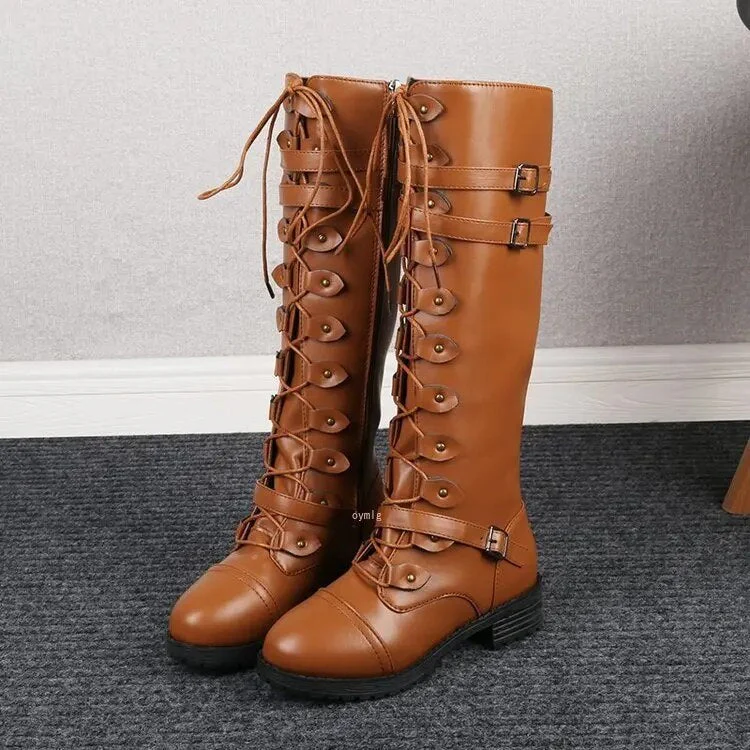 Heidi-Mode | Knielange Stiefel Schnürung Vorne Schnallen Detail Lederlook Robuste Sohle - Image 3