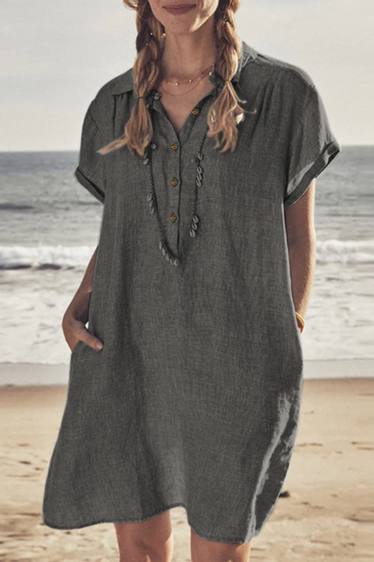Heidi-Mode | Knopfverschluss Baumwoll-Leinen Strandkleid - Image 14