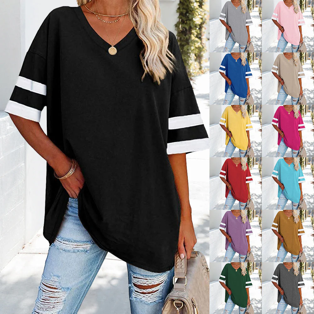 Heidi-Mode | Kontrastfarbenes, Lockeres Damen-T-Shirt mit V-Ausschnitt