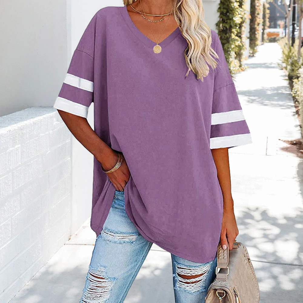 Heidi-Mode | Kontrastfarbenes, Lockeres Damen-T-Shirt mit V-Ausschnitt - Image 5