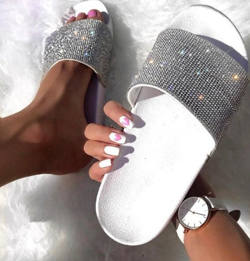 Heidi-Mode | Kristall Diamant Slides mit Besatz Sandalen