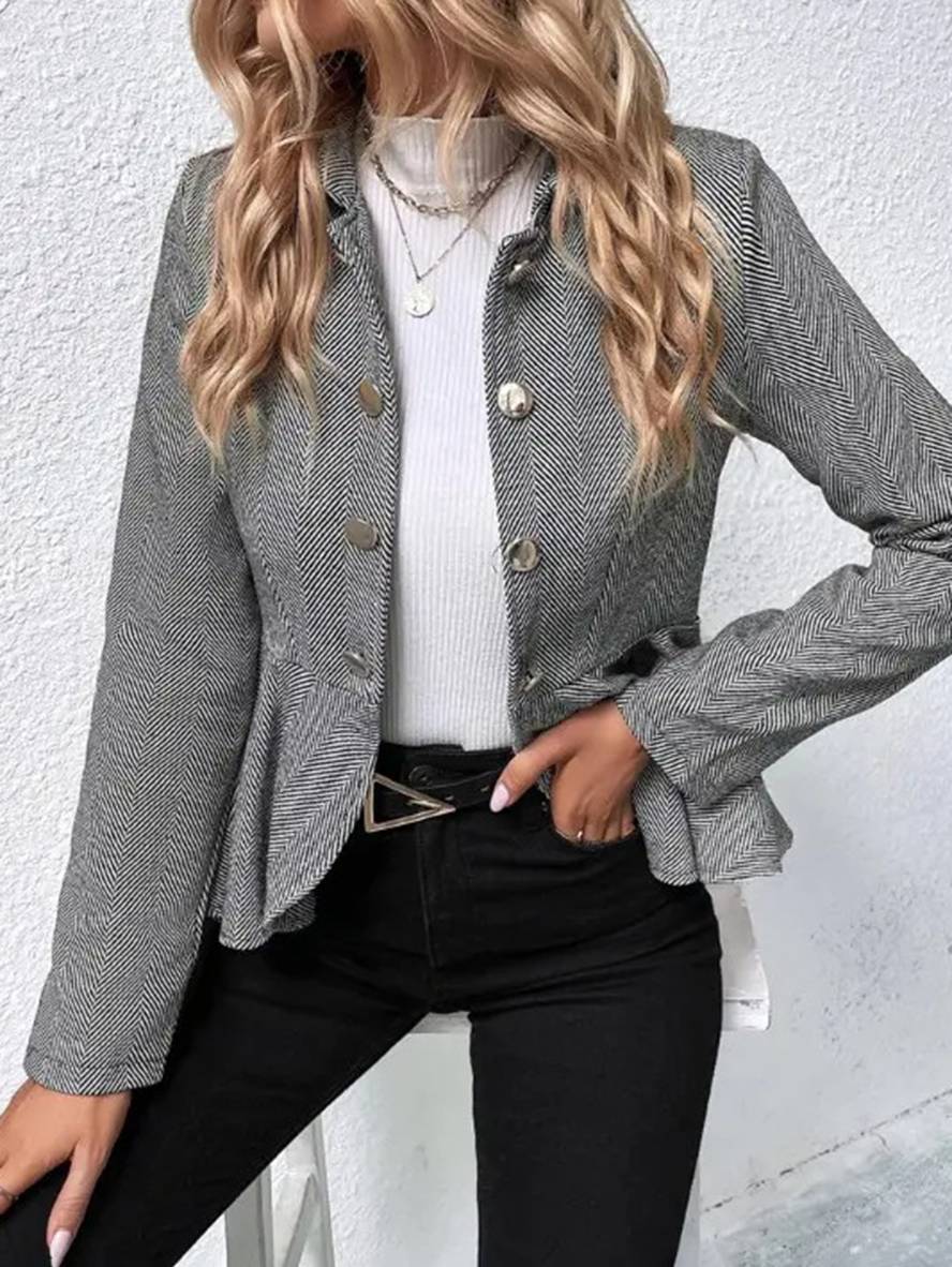 Heidi-Mode | Kurzer Blazer Chevron Peplum Doppelter Knopf Verschluss Reverskragen Lange Ärmel Damen Elegant Lässig Jacke - Image 12
