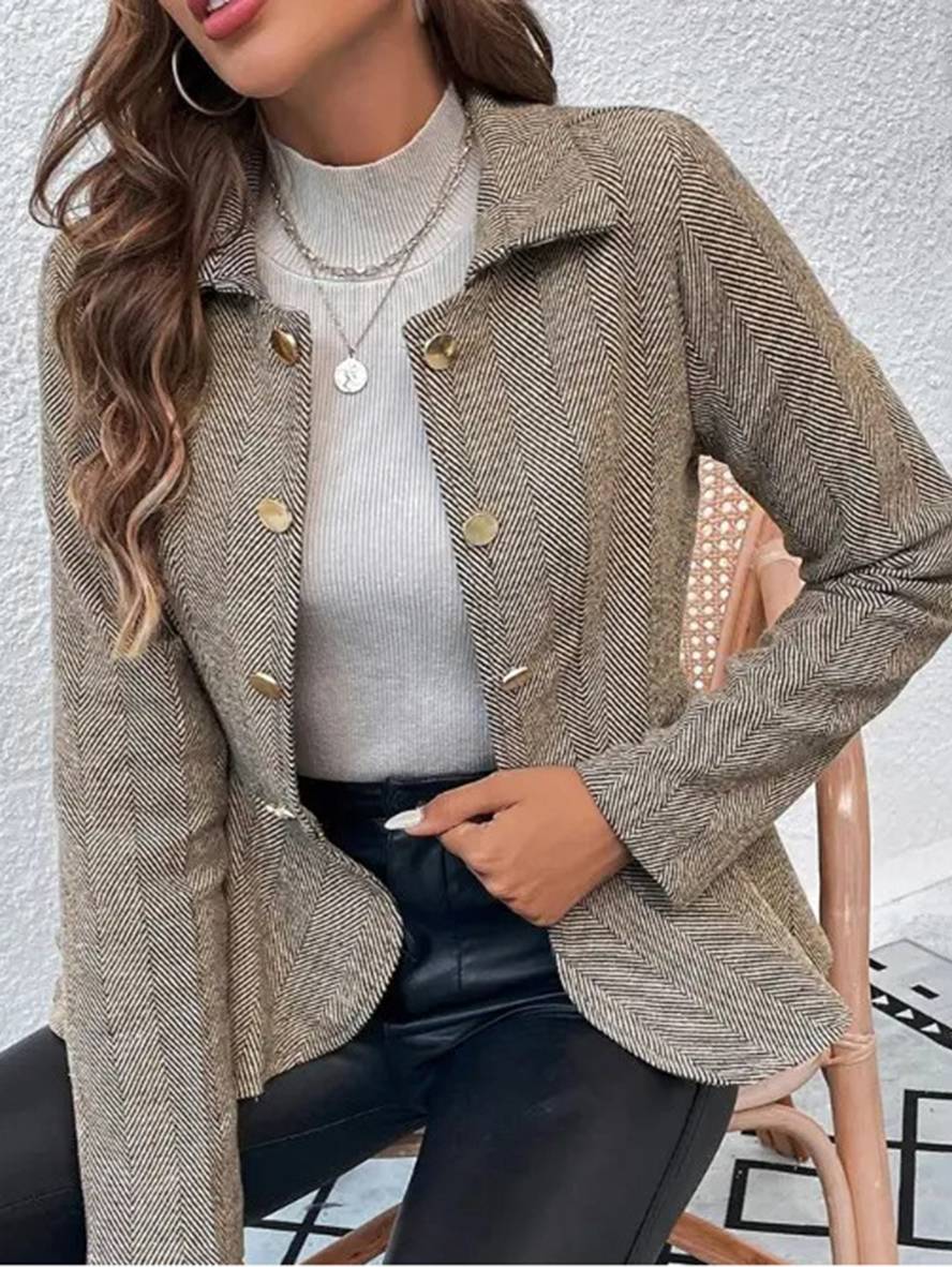 Heidi-Mode | Kurzer Blazer Chevron Peplum Doppelter Knopf Verschluss Reverskragen Lange Ärmel Damen Elegant Lässig Jacke - Image 2