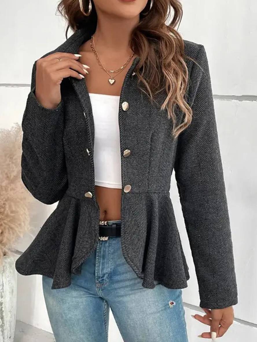 Heidi-Mode | Kurzer Blazer Chevron Peplum Doppelter Knopf Verschluss Reverskragen Lange Ärmel Damen Elegant Lässig Jacke - Image 5