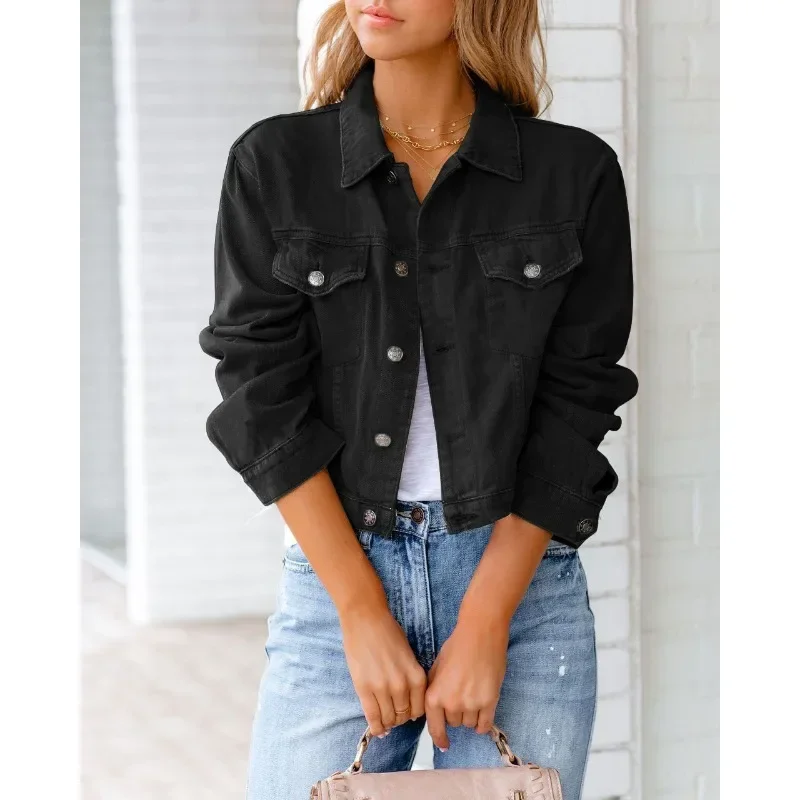 Heidi-Mode | Kurze Taschenjacke Mode Streetwear Einfache Knopf Trend Frauen Denim Jacken Lange Ärmel Herbst Neu Denim Denim Jacken - Image 3