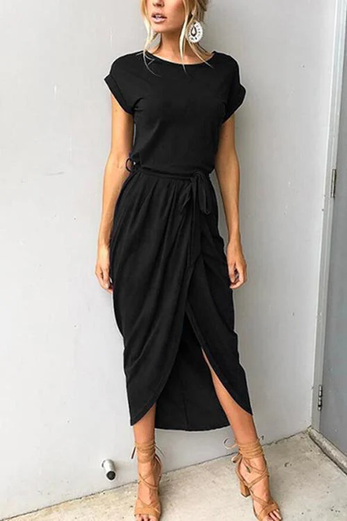 Heidi-Mode | Rosiedress Kurzarm Tie Waist Schlitz Midi Kleid - Image 9