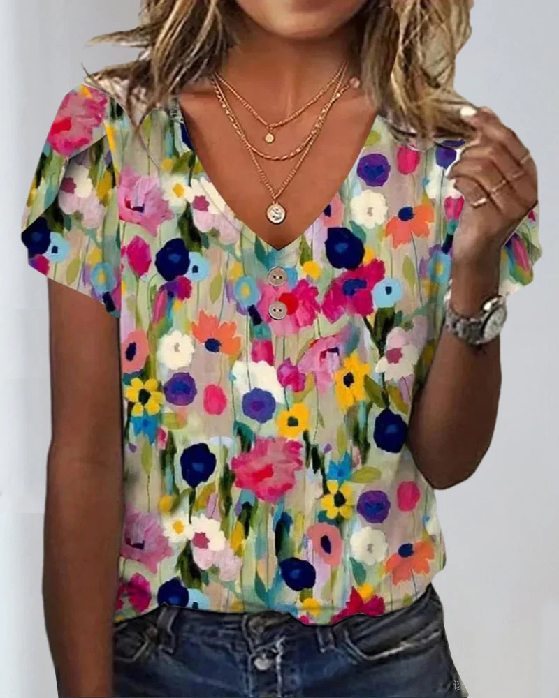 Heidi-Mode | Kurzärmlige Farbenfrohe Blumenbluse mit V-Ausschnitt - Image 3