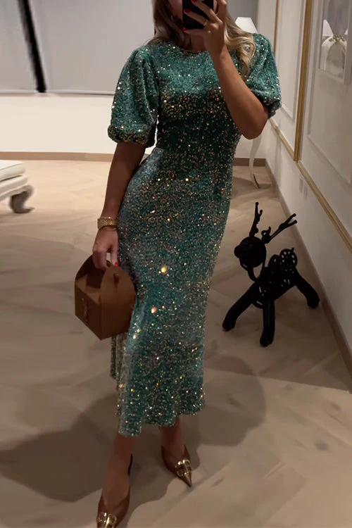 Heidi-Mode | Puff Kurzarm Tailliertes Pailletten Midi Partykleid - Image 2
