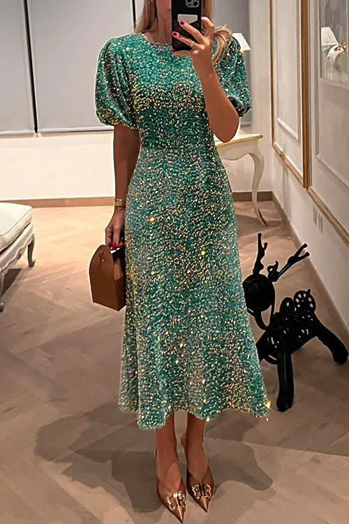 Heidi-Mode | Puff Kurzarm Tailliertes Pailletten Midi Partykleid - Image 3