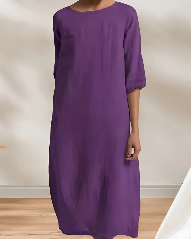 Heidi-Mode | Ladies Lässig Leinen Look Einfaches Midikleid - Image 3