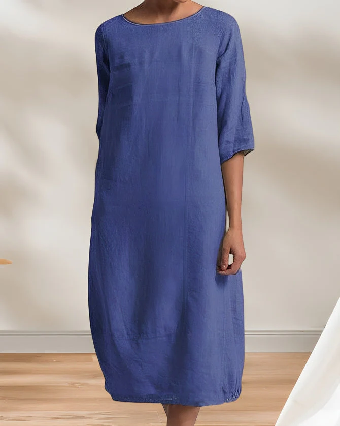 Heidi-Mode | Ladies Lässig Leinen Look Einfaches Midikleid - Image 9