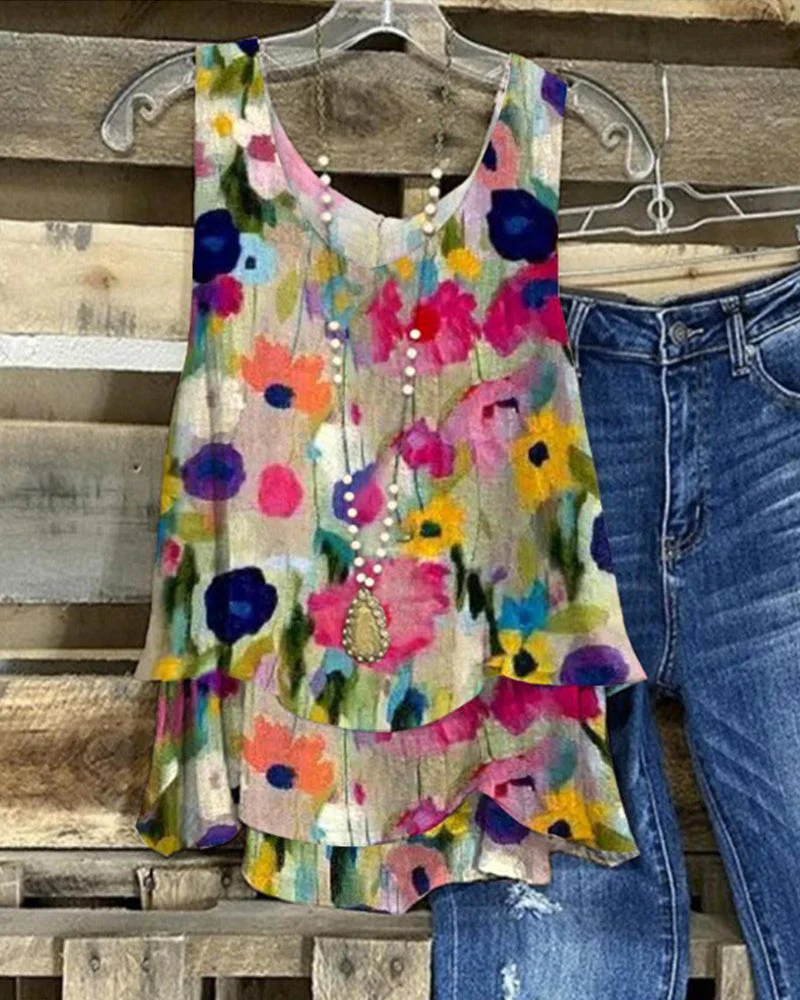Heidi-Mode | Geschichtetes Ärmelloses Oberteil mit Blumenmotiv - Image 4