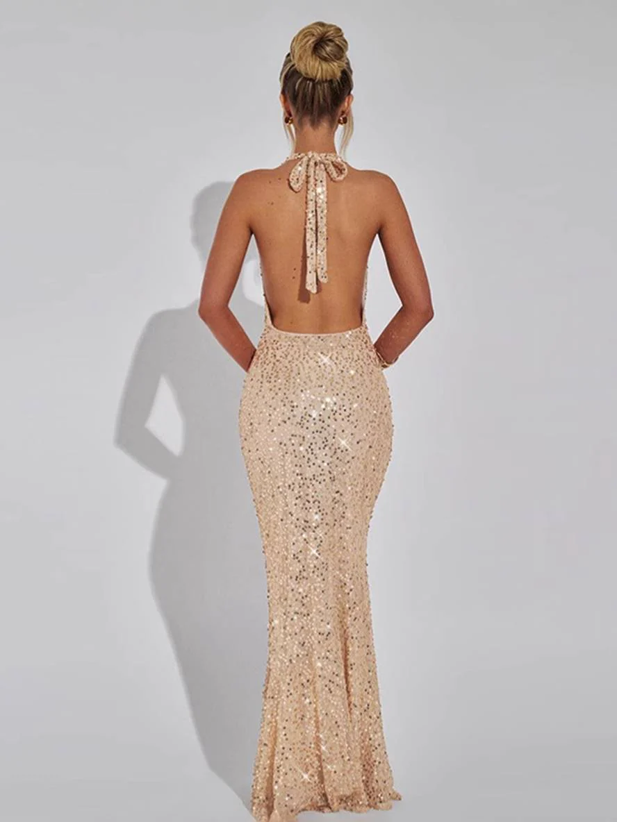 Heidi-Mode | Langes Glänzendes Pailletten Meerjungfrau Kleid mit Tiefem Ausschnitt Neckholder Rückenfrei Ärmellos Damen Elegantes Abendkleid - Image 4