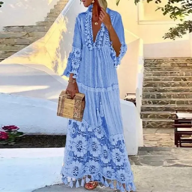 Heidi-Mode | Langes Boho-Kleid mit Spitze und Quasten